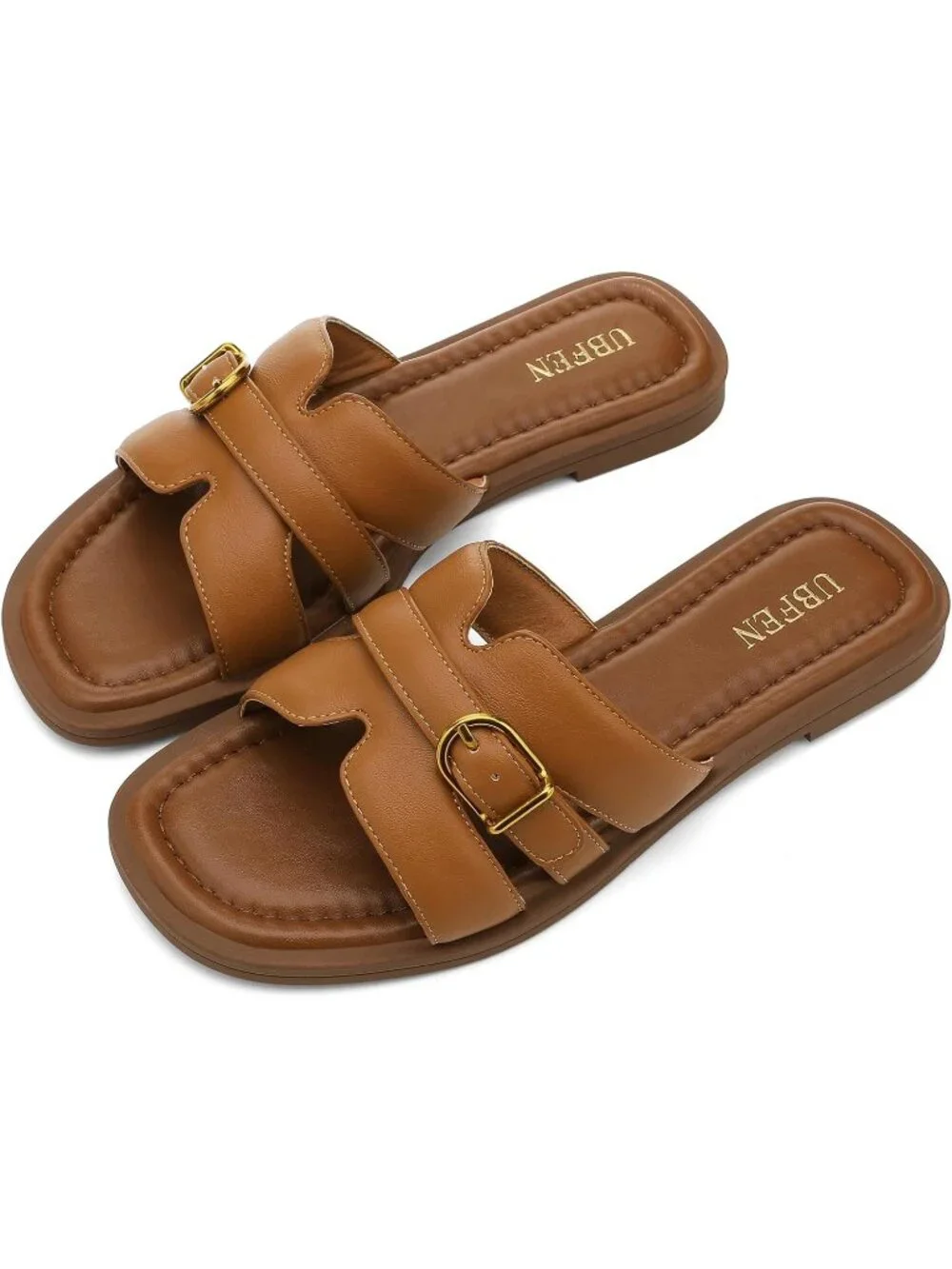Women's Light Brown Square Toe Flat Sandals Slides Dressy Comfortable for Beach